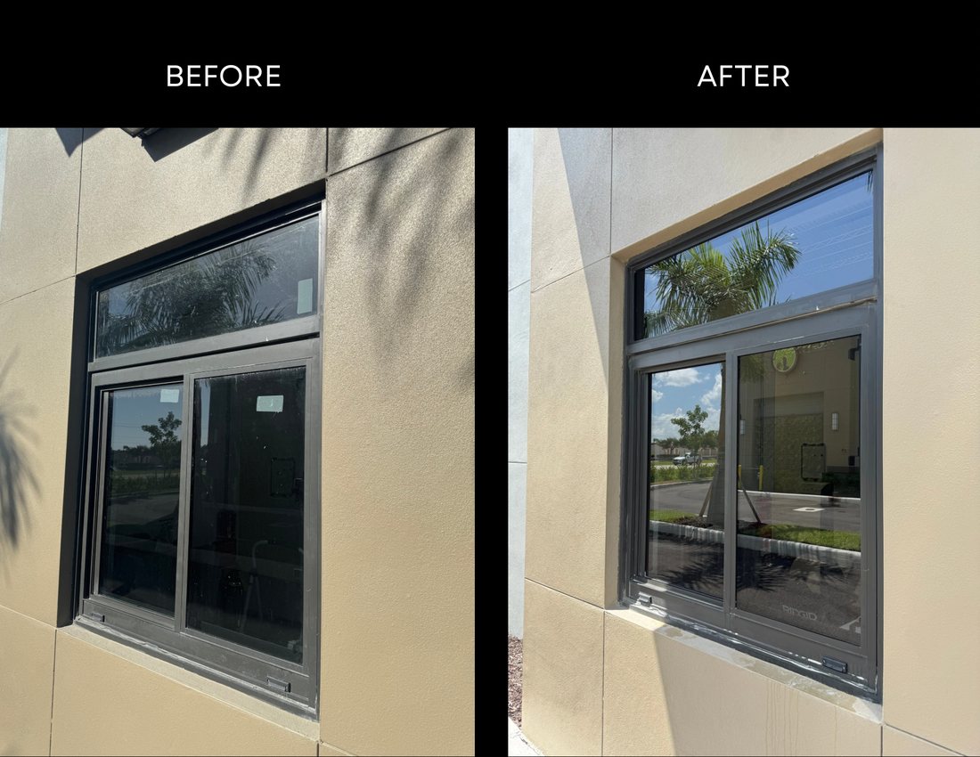 Post-construction window cleaning in Cape Coral — construction film, stickers and adhesive removed from new commercial windows
